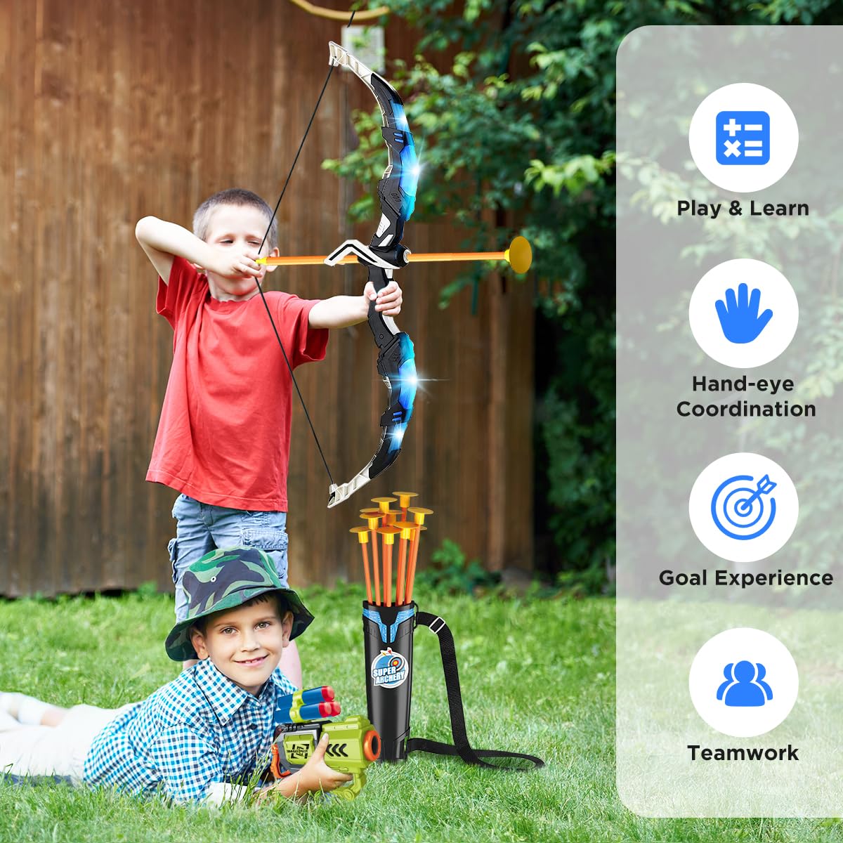 VATOS 2 Pack Bow And Arrow Toy With LED Light-4 In 1 Archery & Dart Game Set With 20 Suction Cup Arrows, Shark Glow Target & Dart Board - Indoor Outdoor Birthday Gift For Kids Boys Girls Ages 5-12