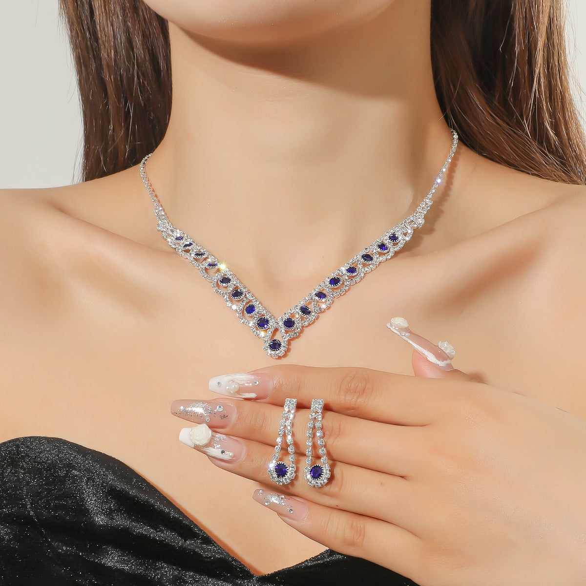 Cross-Border All-Copper Shiny Silver-Plated Dinner Accessories High-End Full Diamond Rhinestone Bridal Jewelry Earrings Necklace 2-Piece Set