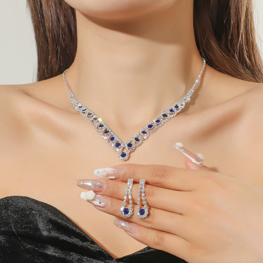 Cross-Border All-Copper Shiny Silver-Plated Dinner Accessories High-End Full Diamond Rhinestone Bridal Jewelry Earrings Necklace 2-Piece Set