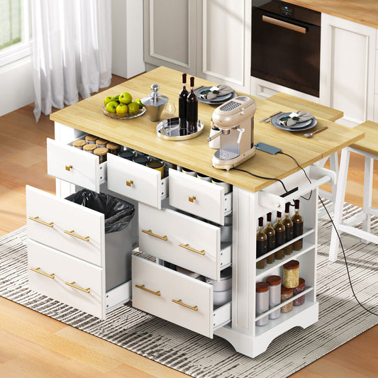 K&K Kitchen Island With 6 Drawers, Pull Out Trash Can Storage, Rolling Kitchen Island On 5 Wheels With Drop Leaf, Power Outlet, 5 Open Side Racks For Kitchen, Dining Room, White