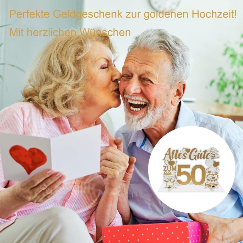 Golden Wedding Anniversary Money Gift—50th Wedding Anniversary Wooden Money Gift With An Elegant Pattern, Ideal As A Table Decoration & Gift For The Anniversary—Party Decorations