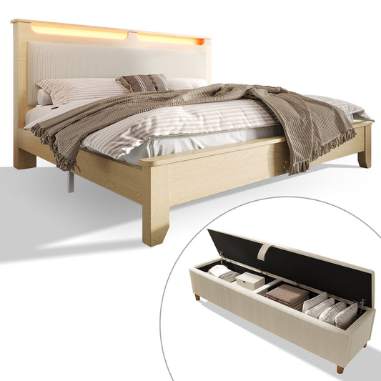 Double Bed Wooden Bed 160x200cm With Bed Bench, Headboard With Storage Space, LED Lighting And Beige Corduroy Upholstered Backrest, Including Bed Bench With Storage Space, Light Oak  Without Mattress