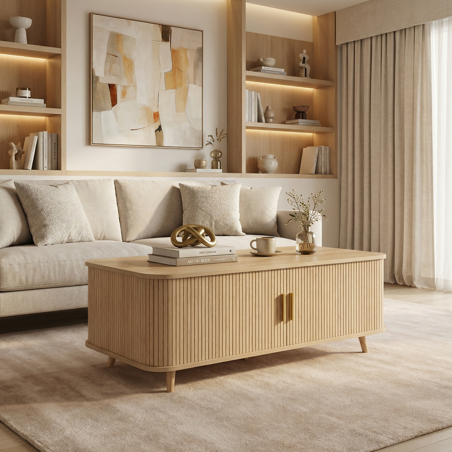 Modern Mid-Century Coffee Table With Storage Natural Wood Finish, 4 Open Shelves & 2 Doors, For Living Room, Entertainment Center, Home Theater
