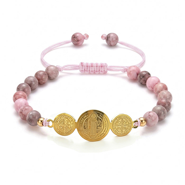 St. Benedict Medal Protection Bracelet - 18K Gold Plated Stainless Steel Natural Tiger's Eye Rhodonite Stone Beads - Adjustable Religious Gift For Men Women