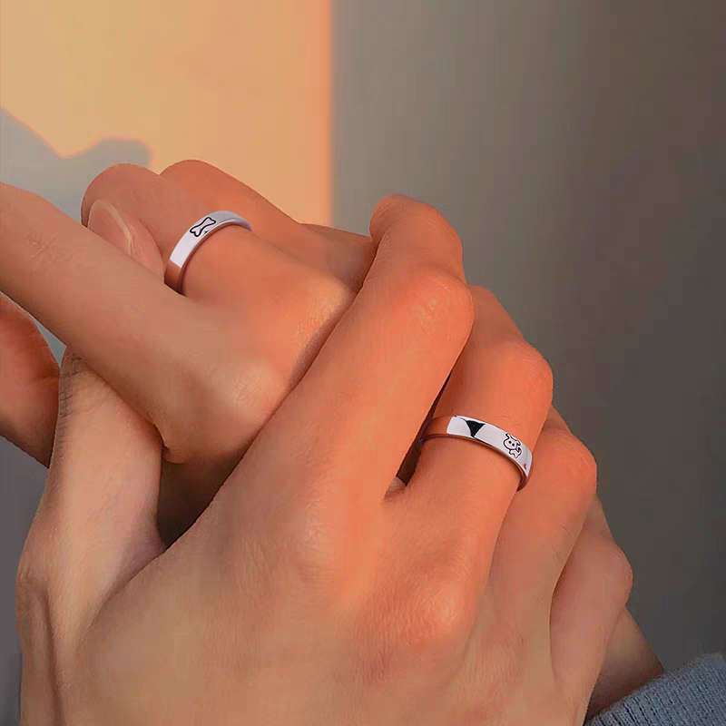 1 Pair 999 Sterling Silver Dog & Bone Couple Rings, Cute Adjustable Promise Rings, Ideal Valentine's Day Gift For Lovers