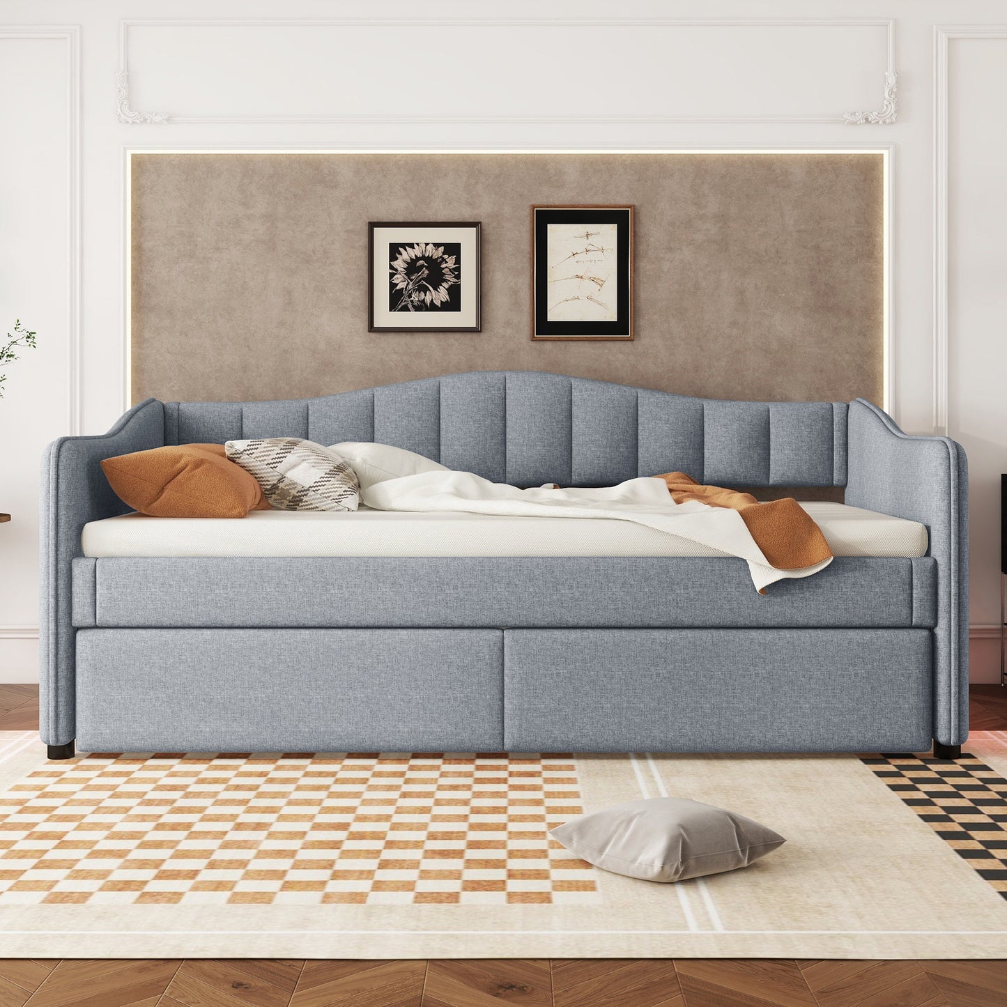 Daybed, 90x200cm Daybed With Pull-Out Bed, Sofa Bed, Single Bed Without Mattress , Ambient Light Design, Linen, Minimalist Styling, Grey