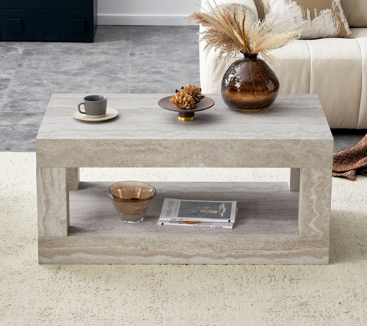Modern 2-Tier Coffee Table For Living Room Furniture,Rectangular Center Table With Open Storage Shelf.The Double Layered Coffee Table Is Made Of MDF Material.Stable And Durable,Easy Assembly