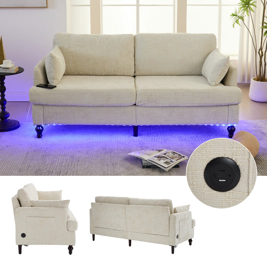Modern 2-Seater Chenille Sofa With Wooden Legs, LED Light, USB Charging Port And Storage Bag Living Room-Bedroom-Study  Beige Chenille