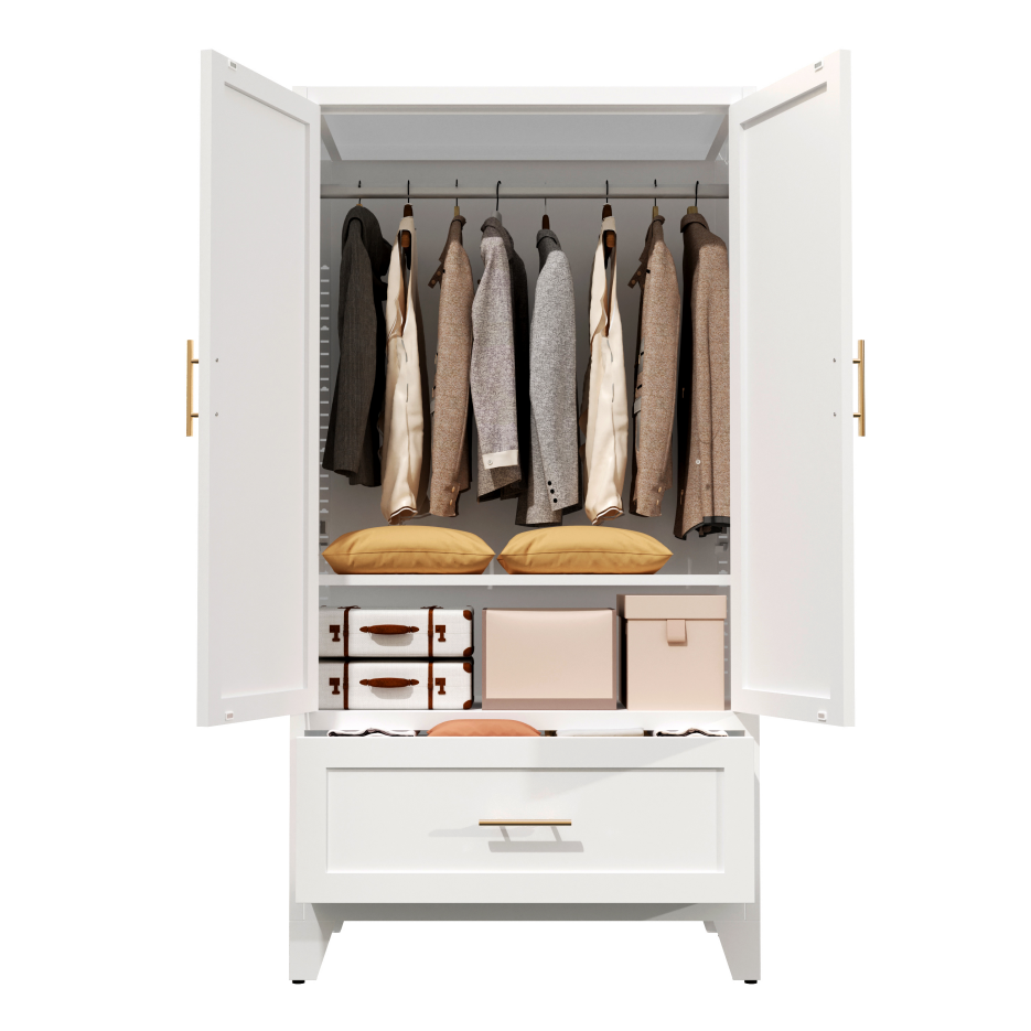 60inch Tall Metal Wardrobe Cabinet With 1 Drawer And Hanging Rod, 2 Doors Wardrobe Closet With Shelf For Bedroom, Office, Laundry Room,Entryway ,Foyer,Guesthouse White