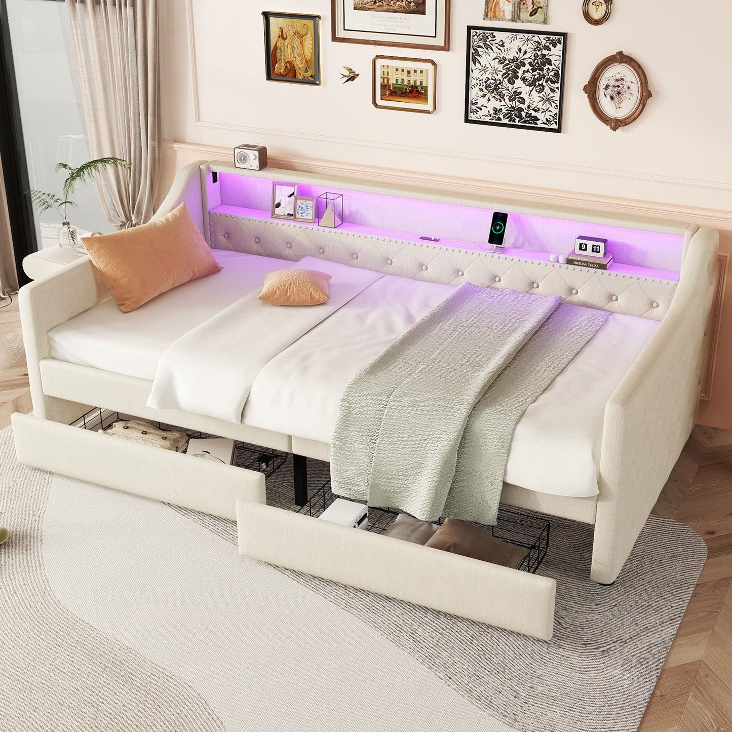 Daybed, 90 X 200cm, Sofa Bed, Daybed With Slatted Base  Without Mattress , Ambient Light With Remote Control, Bed With Two Drawers, USB Charging Socket, Linen, Beige