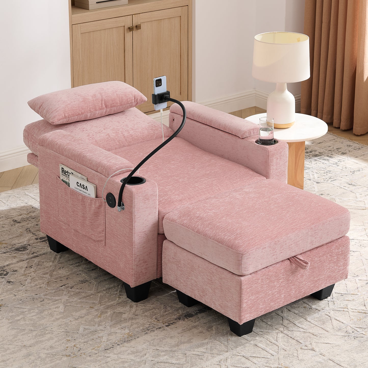 Single Sofa Recliner With Manually Adjustable Backrest, USB Charging Port On The Armrest Side, Phone Stand Included, Hidden Armrest Storage, And A Matching Storage Ottoman-Pink