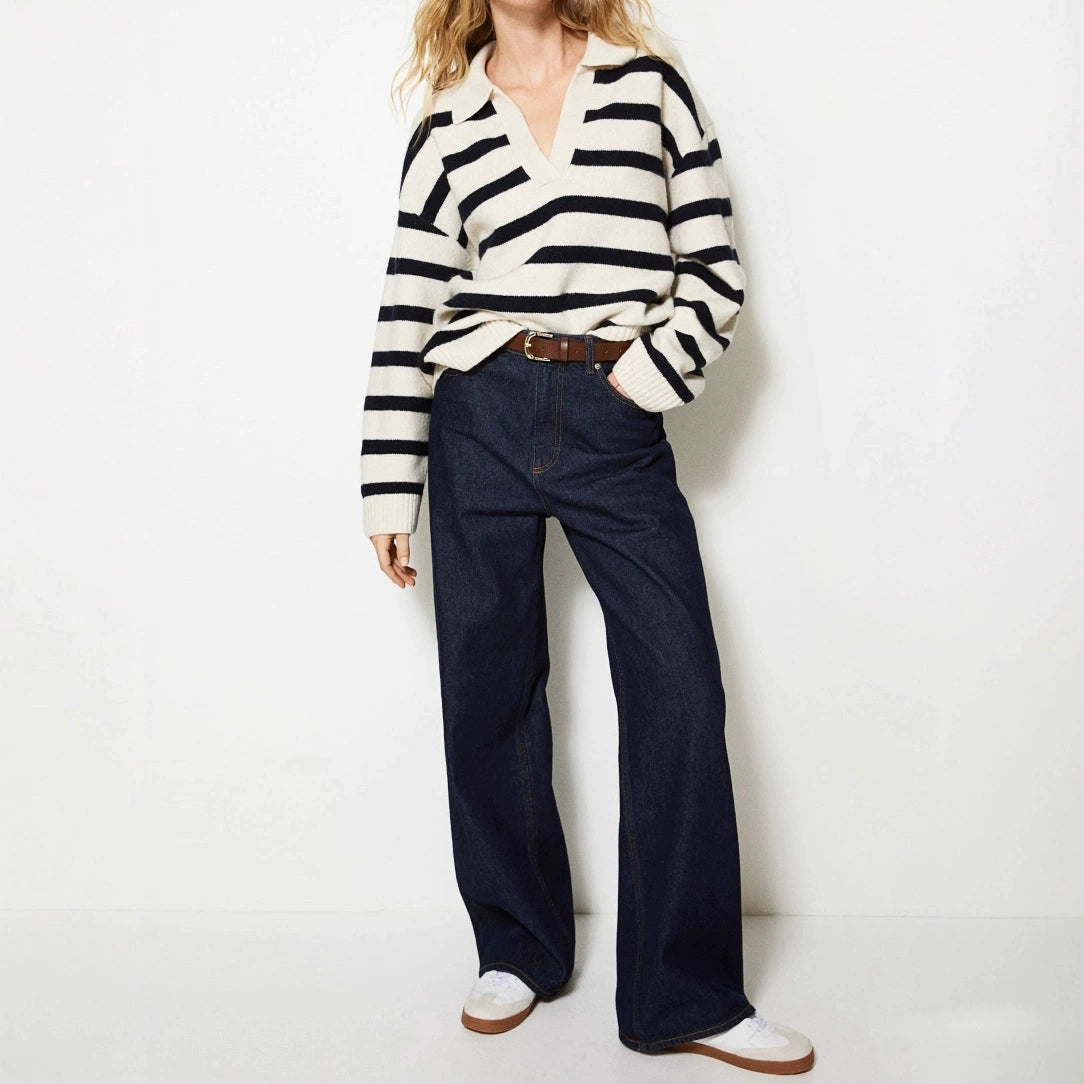 Fashion Patchwork Striped Lapel Loose Plus Size Knit Sweater For Women