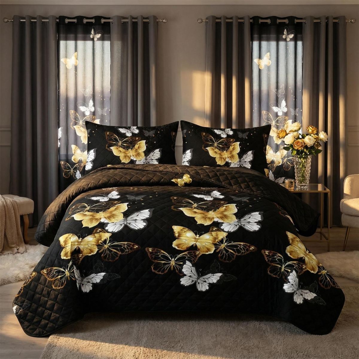 9 Piece Room In A Bag Quilt And Curtain Set, US Designer Black And Gold Butterfly Print Heavyweight Bedspread With 6 Customizable Window Panels, Pet-Friendly High GSM Coverlet