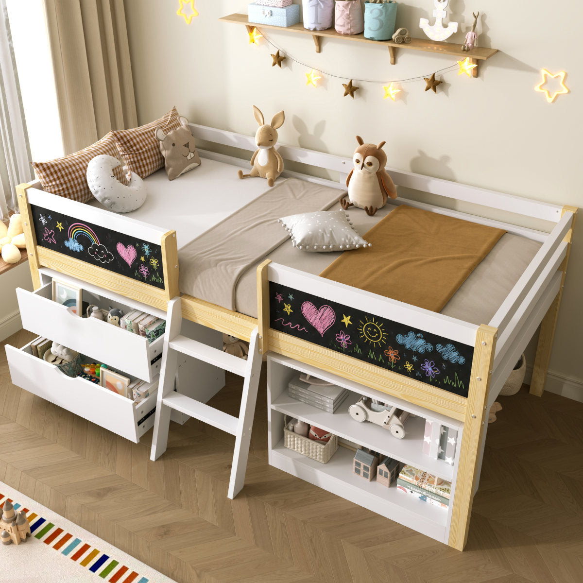 3ft Single Low Loft Bed With Blackboard, Modern Wood Bed Frame With Drawers And Storage Shelves, Under-bed Space, Modern Bed With Safety Guardrail, Saving-space Design, White  No Mattress