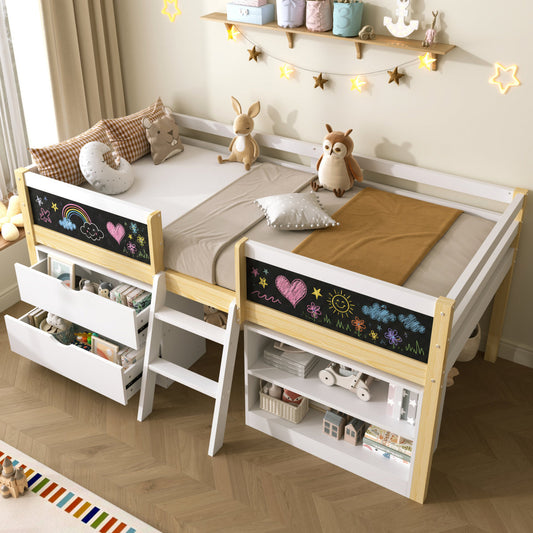 3ft Single Low Loft Bed With Blackboard, Modern Wood Bed Frame With Drawers And Storage Shelves, Under-bed Space, Modern Bed With Safety Guardrail, Saving-space Design, White  No Mattress