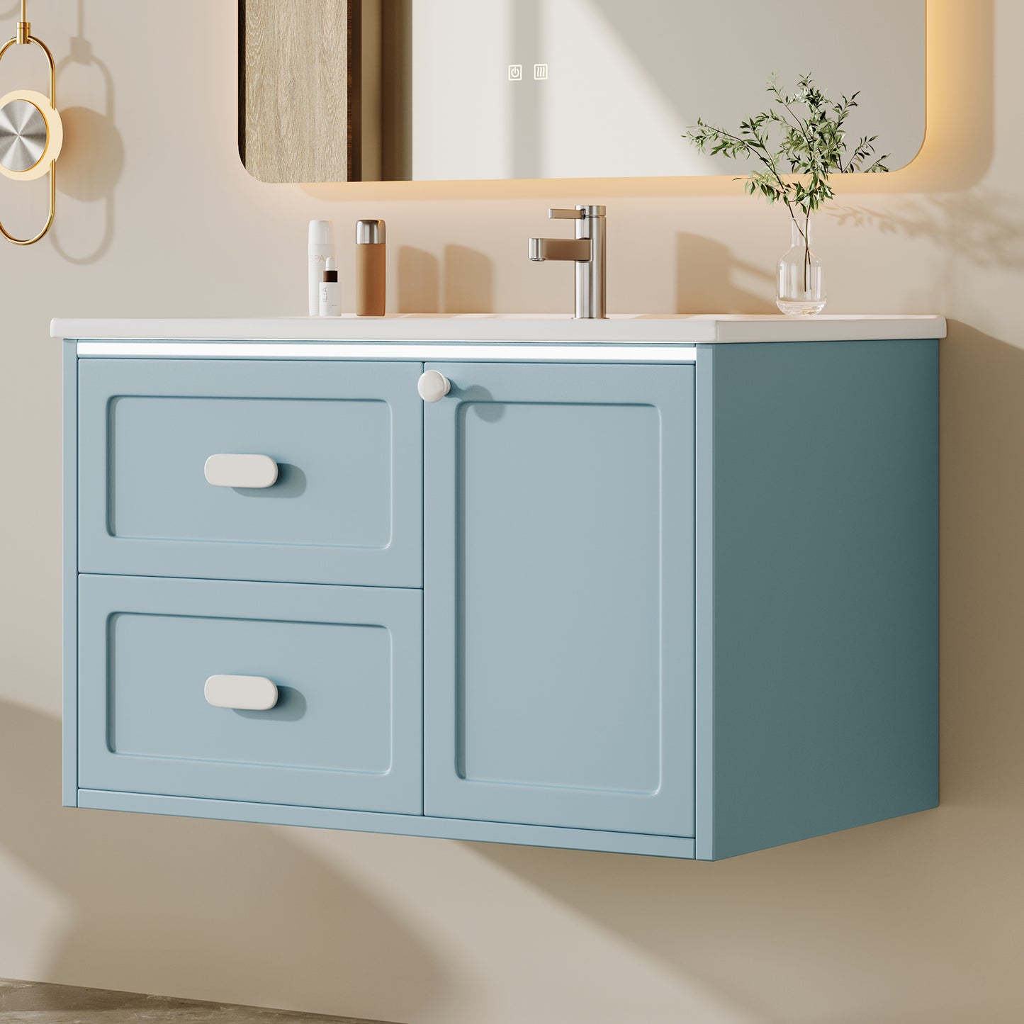 76x46x51cm Bathroom Wall Cabinet, Fully Lacquered, LED  Sensor Lighting, Two Drawers, Silent Slide Rails, Integrated Sink, Blue