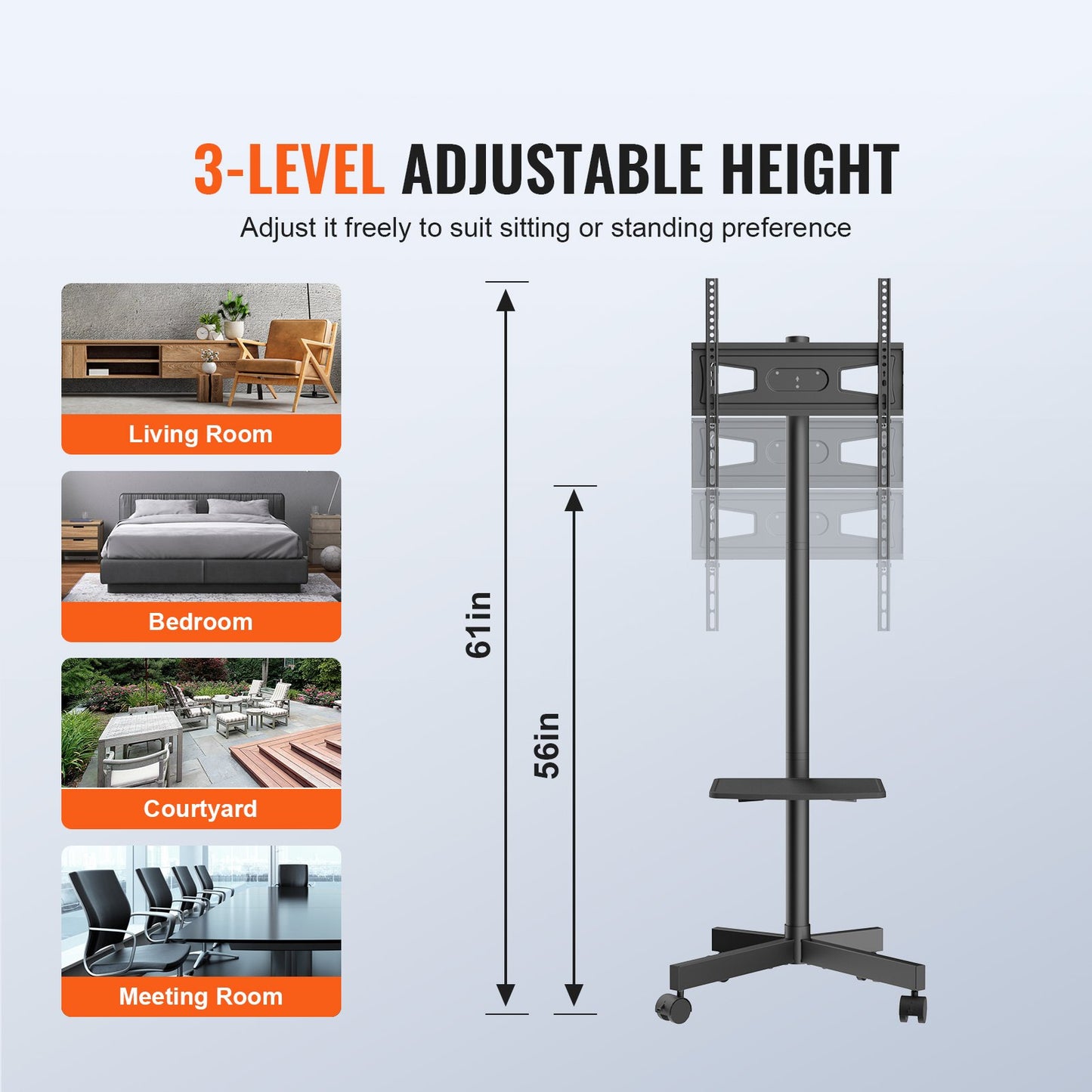 VEVOR Mobile TV Stand, Mobile TV Cart For 23 To 60 Inch TVs, Height Adjustable Portable TV Stand With Wheels, With A Tray For Audio-Visual Devices, Rolling TV Stand With Mount For Bedroom, Living Room