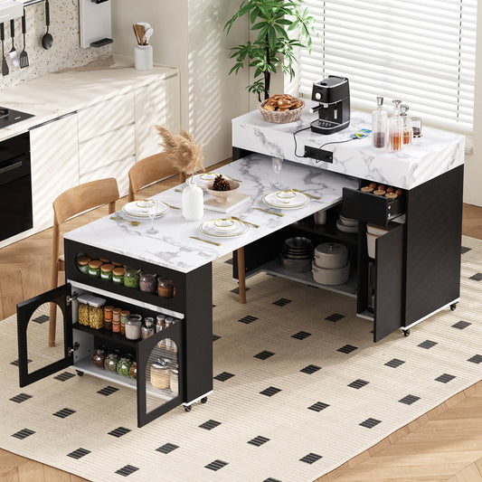 TREXM Extendable Dining Table With Extra-Long Folding Top  Rolling Kitchen Island With Drawers  Power Outlet And Brake Lock  Storage Cabinet For Kitchen And Dining Room  Black   Marble White