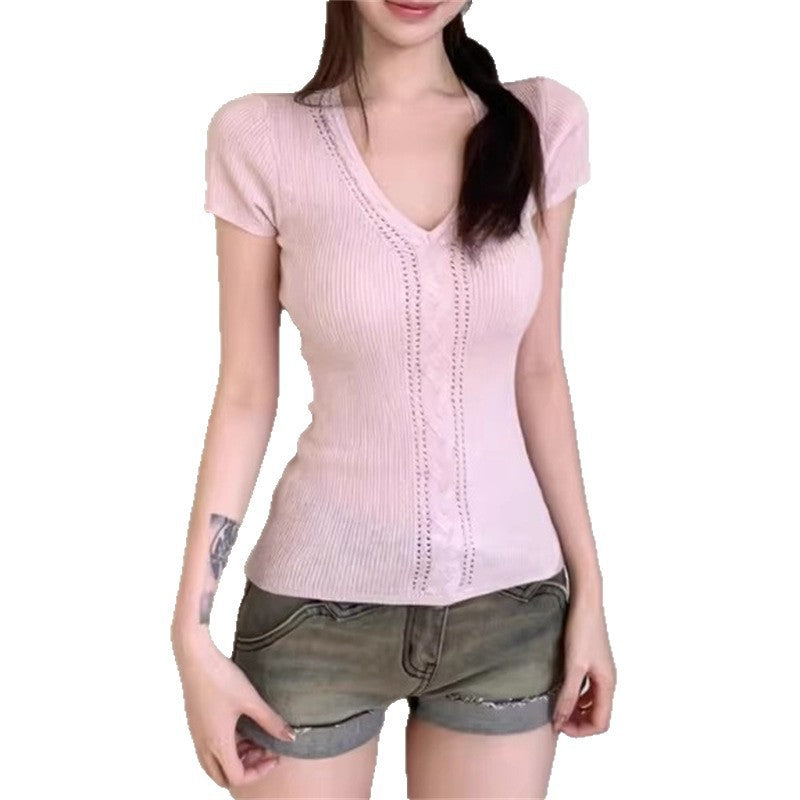 Spring New Arrival Solid-Color V-Neck Hollow-Out Knitted Short-Sleeve T-Shirt For Women