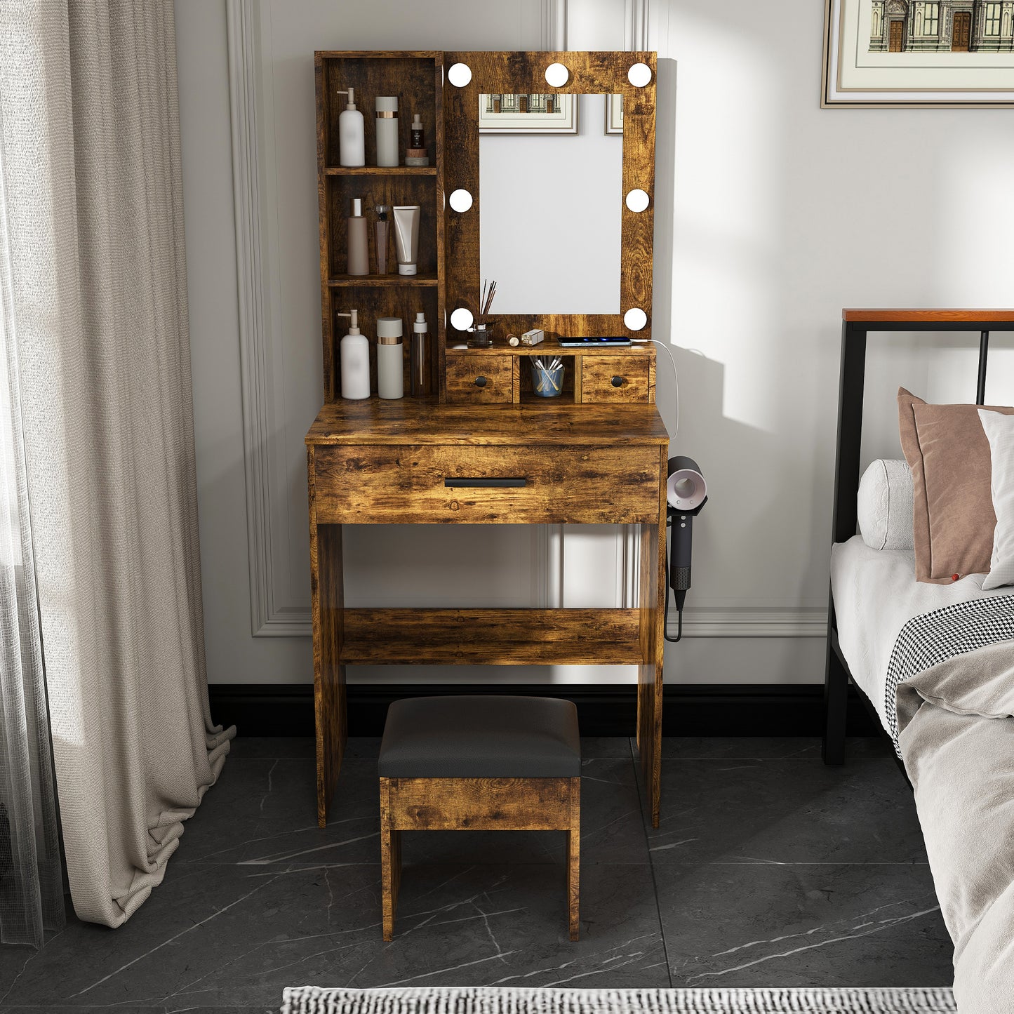 Vanity Table With Mirror & Adjustable LED Lights, Power Outlet, Hairdryer Holder & Stool -Compact Dressing Desk For Small Bedrooms Vintage