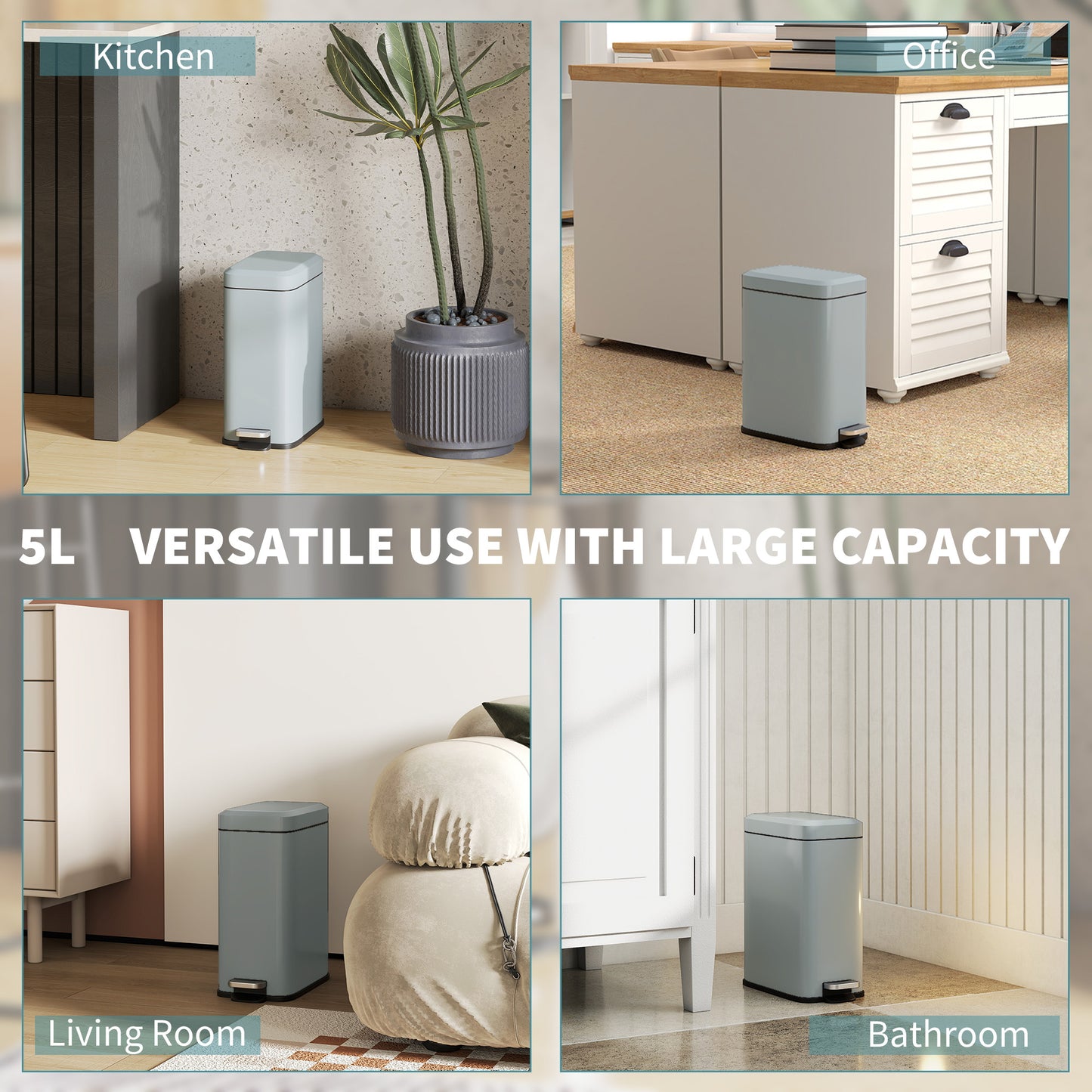 5L Rectangular Compact Bin Steel Body Removable Bucket Quiet-Close Lid W/ Pedal Lid Rubbish Trash Can Home Office Bedroom Bathroom Living Room Garbage Tidy Clean Grey
