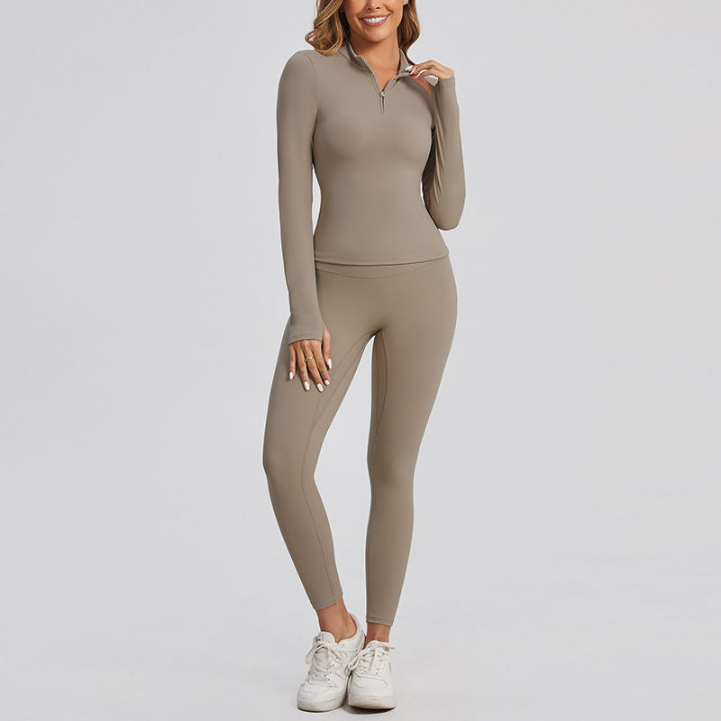High-end Zipper Solid Color Workout Clothes Autumn And Winter Tight Pilates Yoga Clothes Two-piece Set