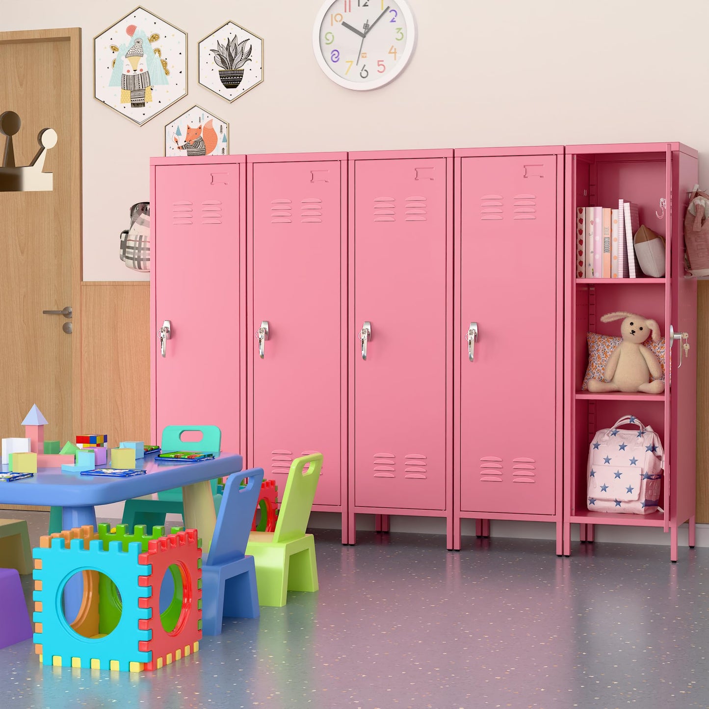 SUPEER Lockable Metal Lockers With Handle And Keys,Metal Storage Locker With 2 Pegboard & 5 Hooks For Home,Office,School,54.45inch H X 15inch W X 15inch,Pink,Required Assembly