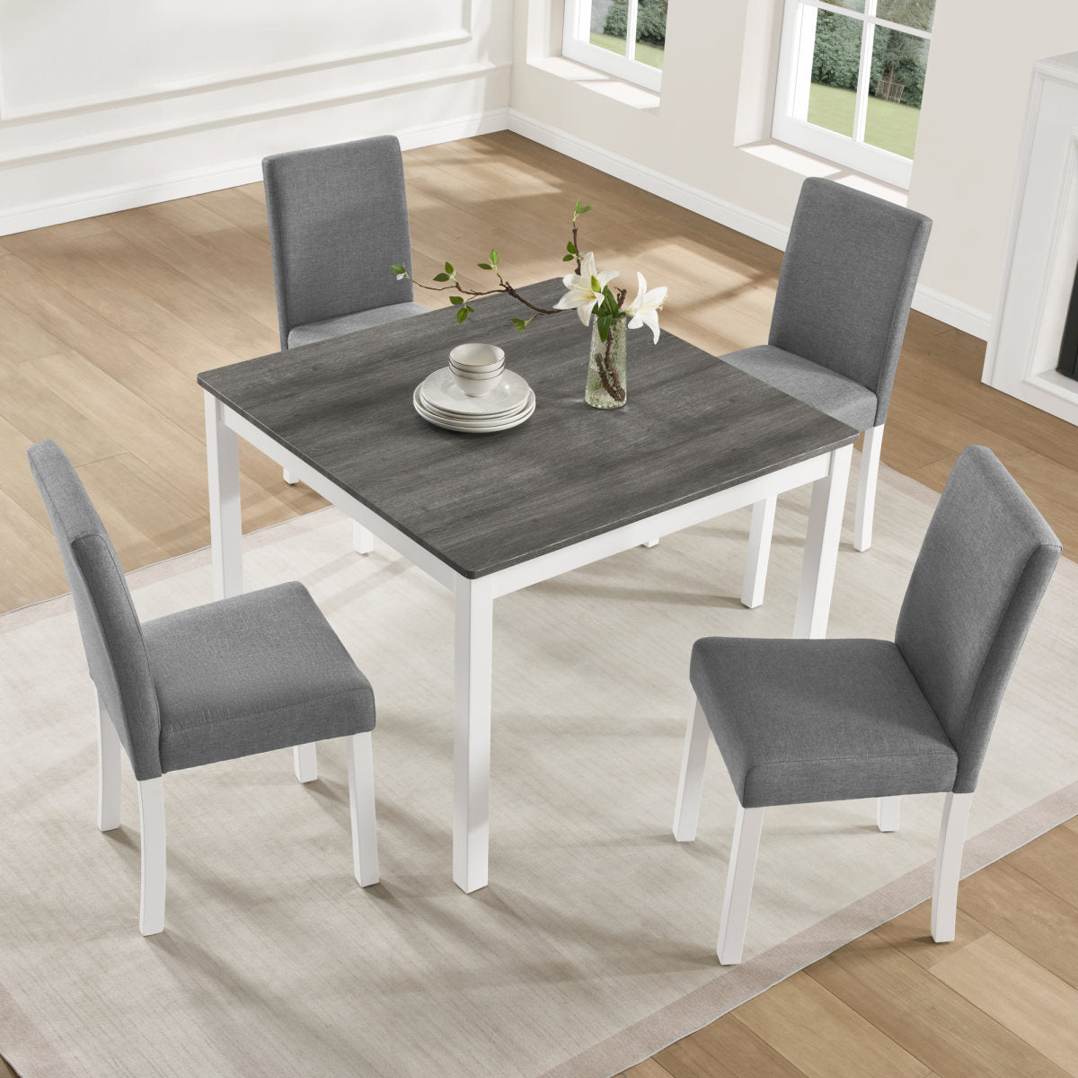 5-Piece Dining Table Set with 4 Chairs, Dining Table Set for 4 with Chairs, Wooden Dining Table Set for Kitchen, Dining Room, Grey & White Two Tone