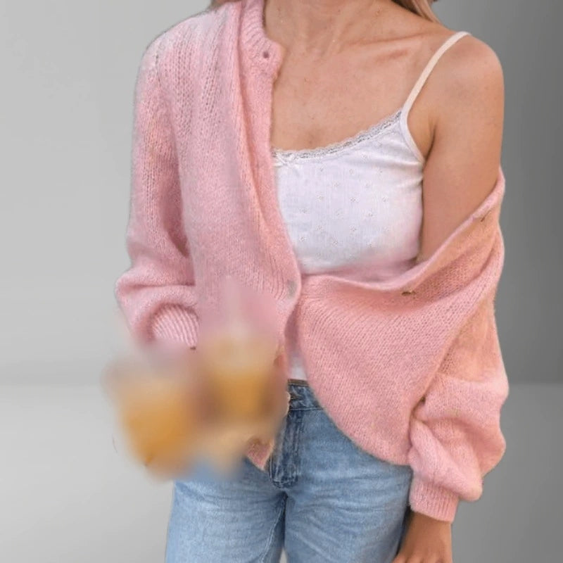 Lazy Style Women's New Fresh And Casual Lantern Sleeves Pink Cardigan Button Knit Loose Sweater