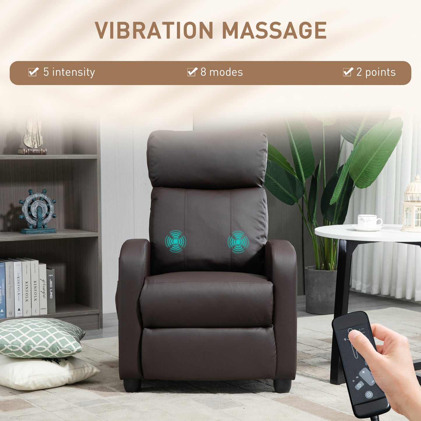 Recliner Armchair, Massage Faux Leather Push Back Reclining Chair With Adjustable Leg Rest, Side Pocket, For Home Living Room Theatre, Brown