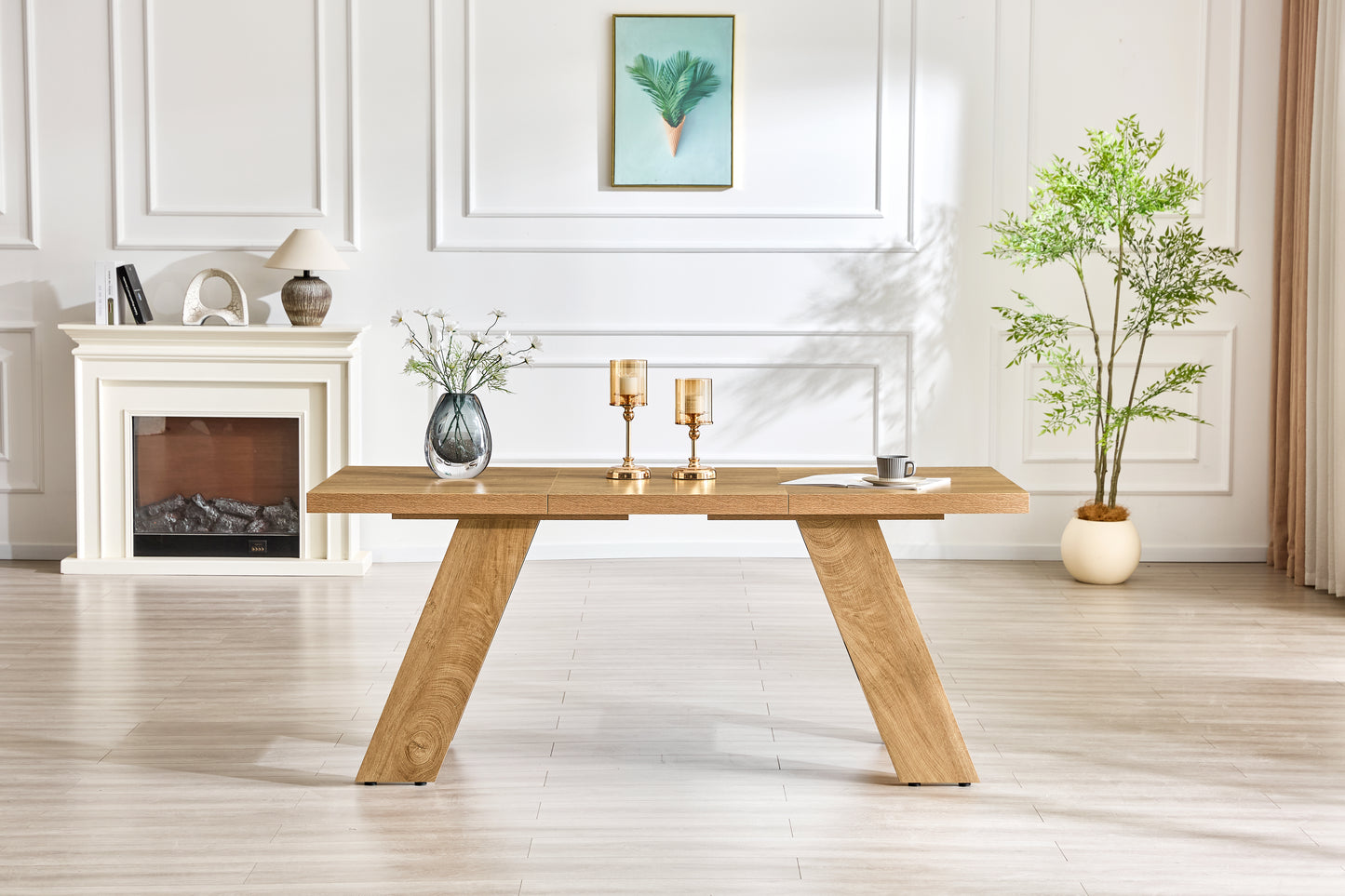 71x31.5inches Light Wood Grain MDF Splicing Rectangular Dining Table.Double-panel Outward-sloping Table Legs.Modern Dining Table For Home Use. Accommodates 6-8 People,versatile For Multiple Scenarios.