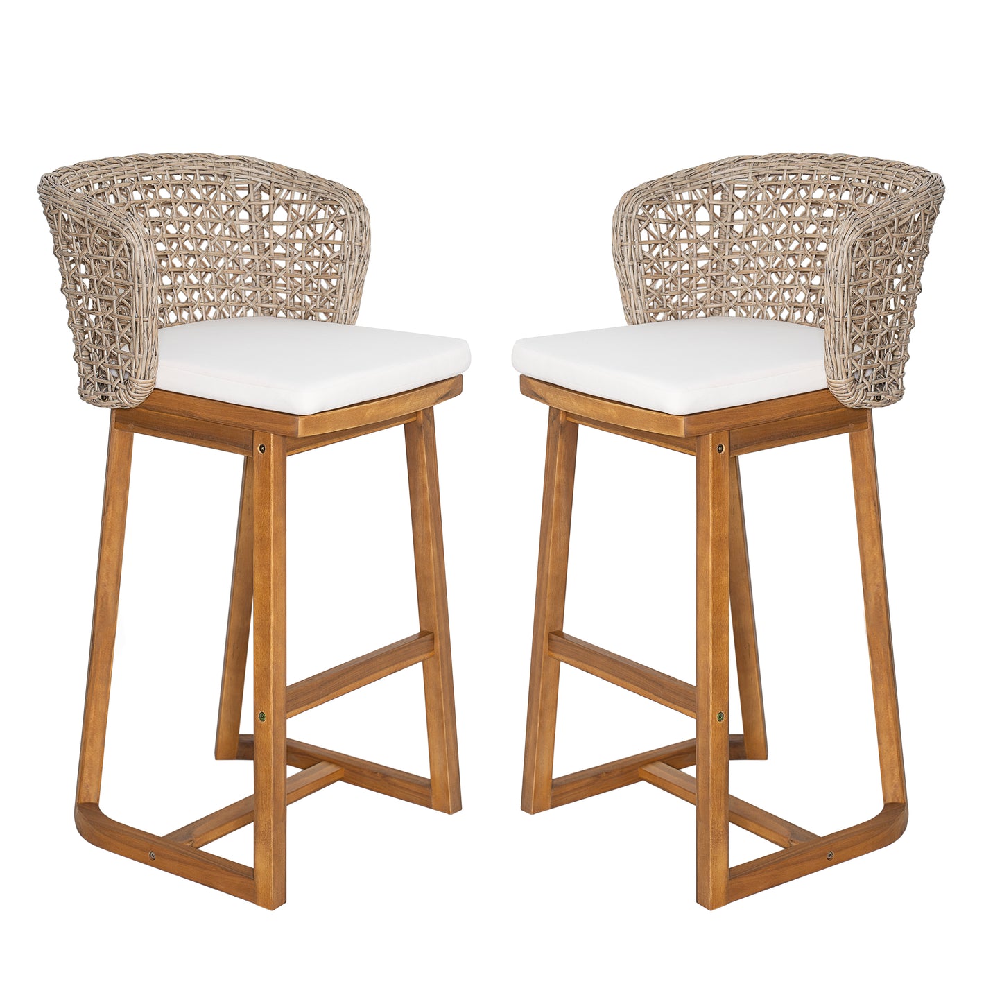 Outdoor Acacia Wood Bar Stools  Set Of 2 , Teak Finish Bar Height Chairs With Beige Cushion & Light Brown Wicker Back, Counter Height Stools For Patio, Poolside, Kitchen Island