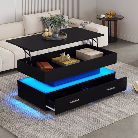 100X50X44cm Hydraulic Height Adjustable Coffee Table, With LED Lighting, Bluetooth APP Control, 2 Drawers And Open Storage,Black Liftable Coffee Table