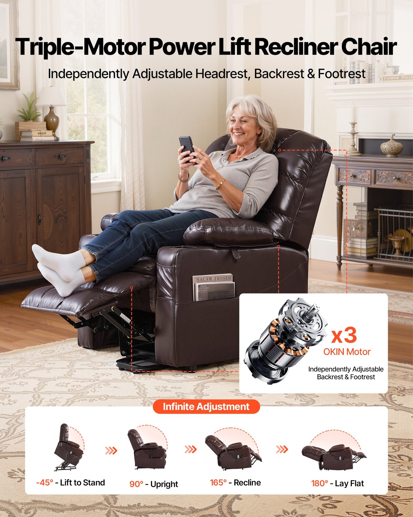 Power Lift Recliner Chair, Triple-Motor, Large Electric Lift Chair With Heat And Massage For Elderly, Infinite Position Adjustment, Leather Surface, With Storage Pockets And Cup Holders, Brown
