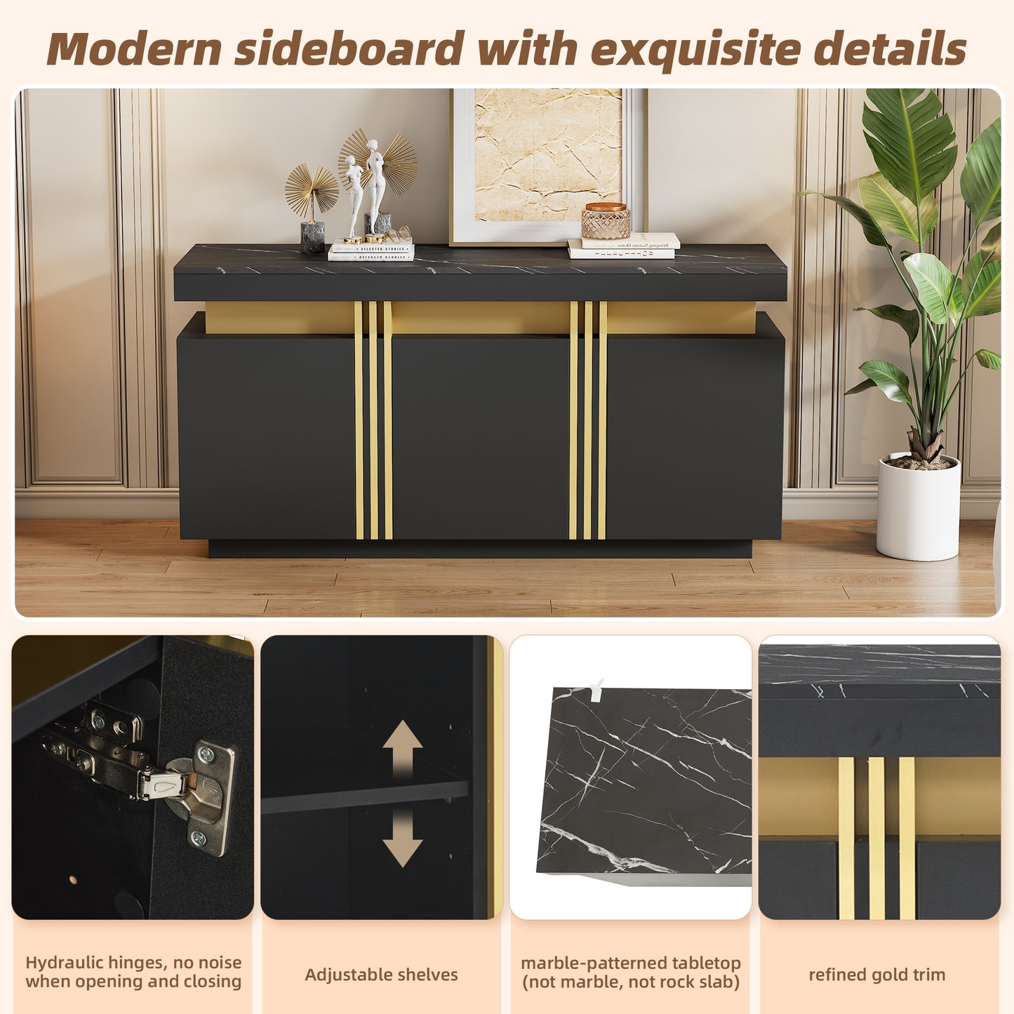 140x38x70cm Modern Black Sideboard Display, 3 Doors, Dining Room Cabinet With Adjustable Dividers, Perfect For Kitchen, Living Room, Dining Room, Hallway,Black And Gol, Wide Handleless Lockers
