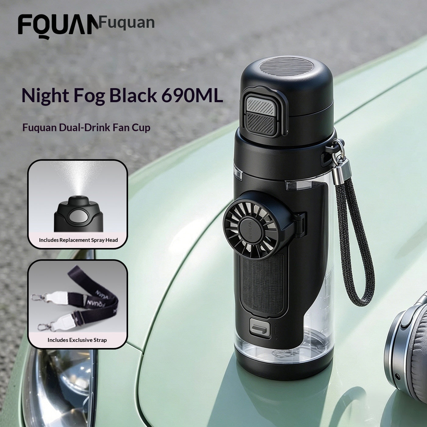 Cooling Sports Water Bottle With Dual Drinking Spouts And A Fan Cup