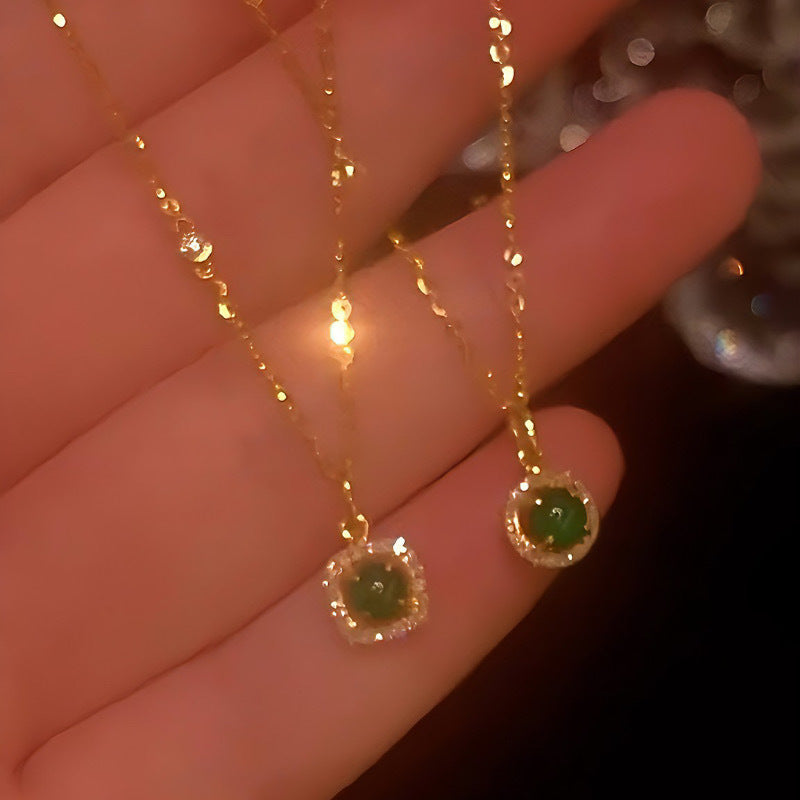 Copper Gold Plated Green Stone Necklace - Elegant Round Square Zircon Jewelry Gift