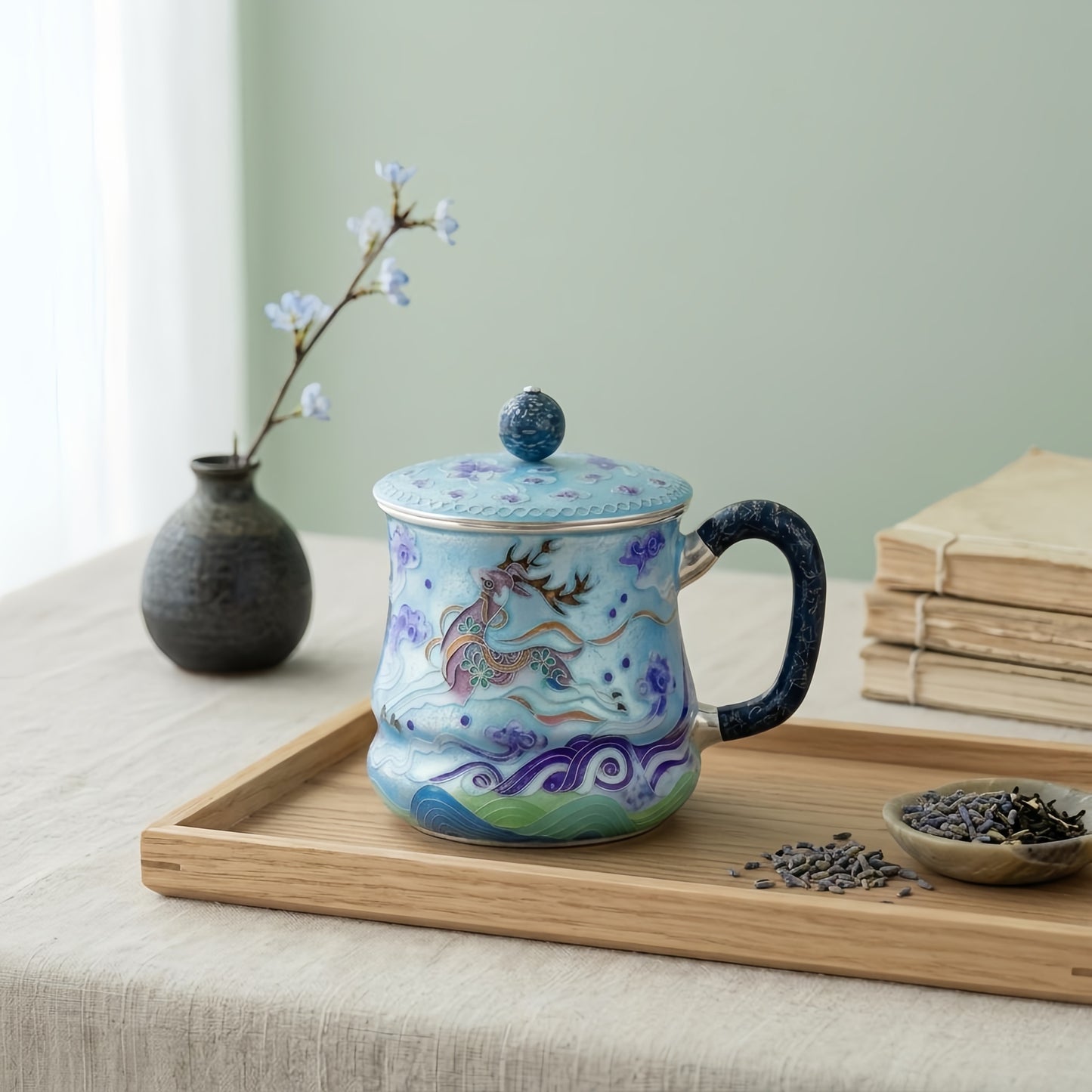 925 Sterling Silver Exquisite Blue Enamel Tea Mug Featuring a Majestic Deer and Celestial Wave Design - Handicraft