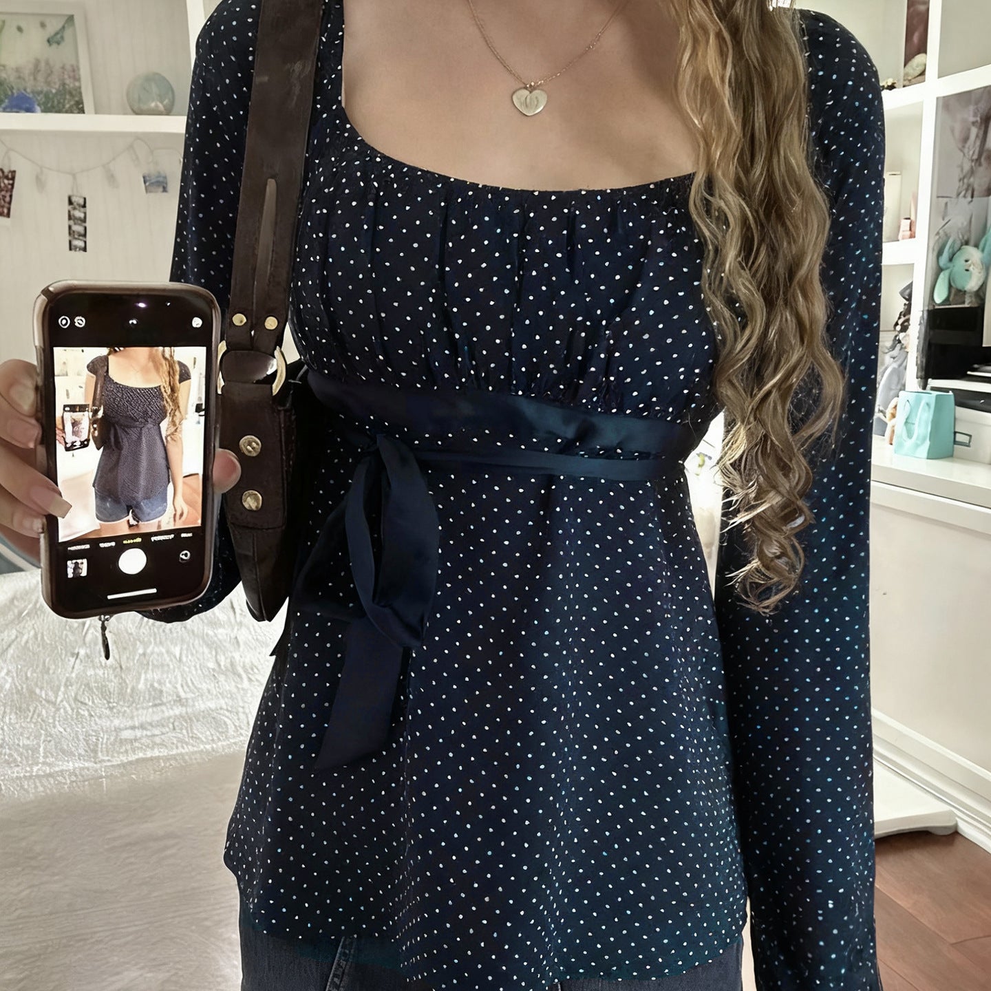 Korean-style Elegant Polka-Dot U-Neck Top With Bow-Tie Straps And Long Sleeves
