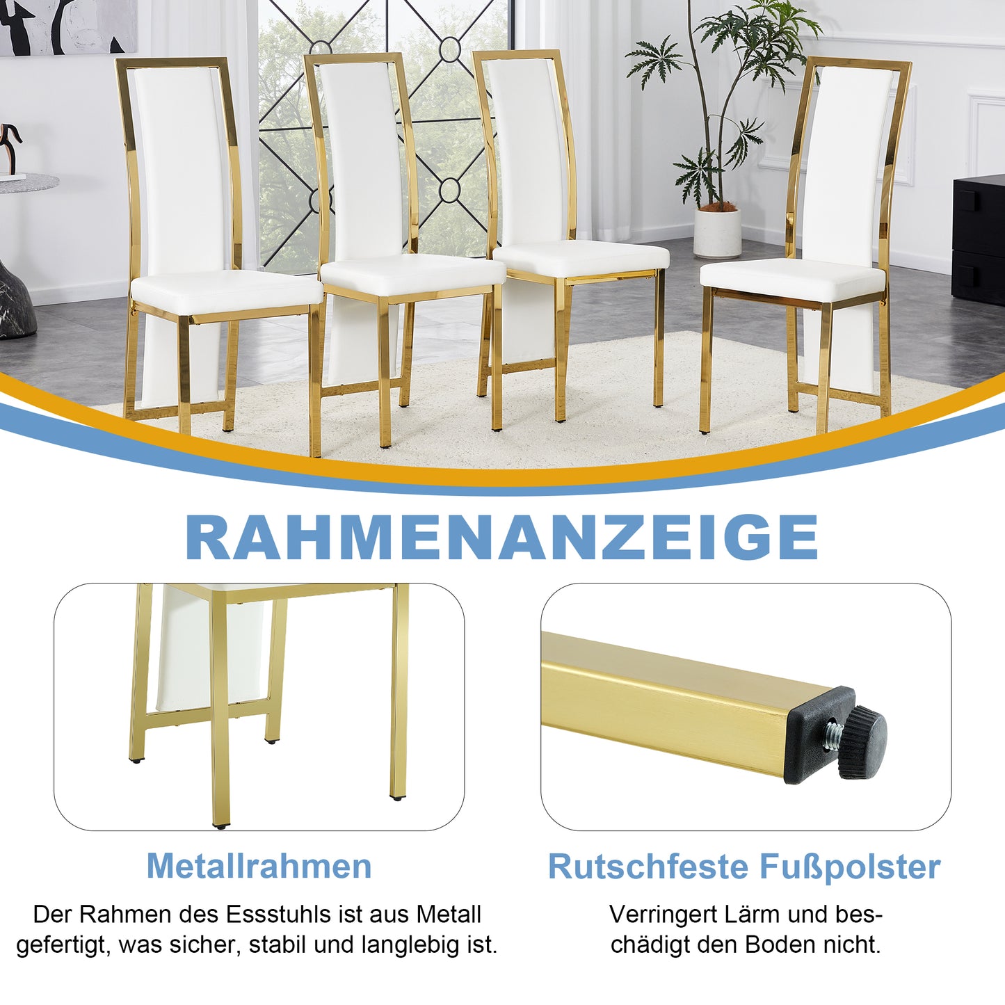 Set Of 2  European Minimalist Dining Chairs With Gold Edge. White PU Leather  Gold Luster Metal Frame, 109cm High, For Versatile Uses Such As Dining Room, Office, Etc.