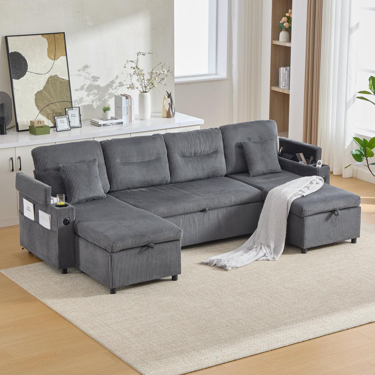 Contemporary 4-seater Corduroy Sofa With Dual Chaise Lounges, Hidden Storage, Built-in Cup Holders, USB Ports And Handy Pull-out Bed  The Perfect Centrepiece For Your Lounge.Charcoal Grey