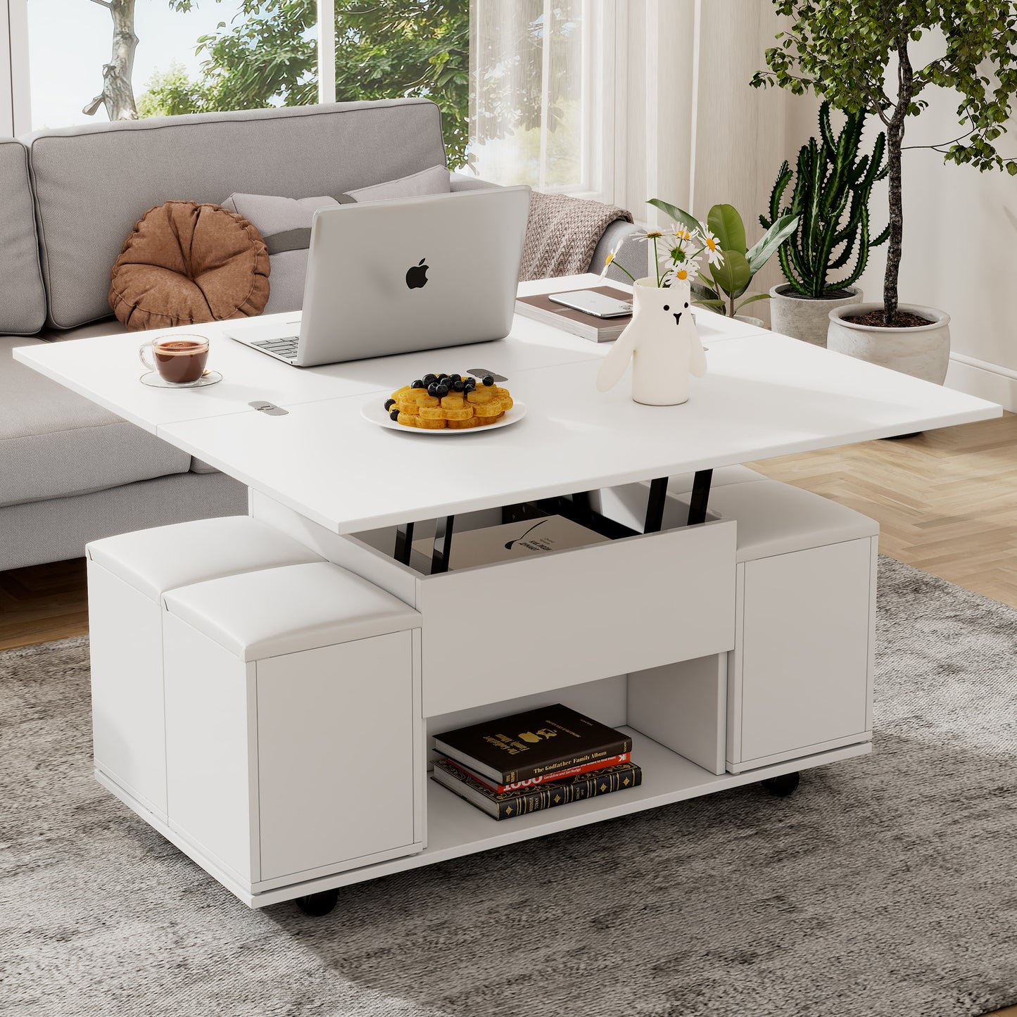 Product Change Liftable Multifunctional Coffee Table  The Desktop Can Open 2 Tables, White  White, Large Capacity, Modern Living Room Furniture, Office, Dining Table, Leisure Table, Multifunctional
