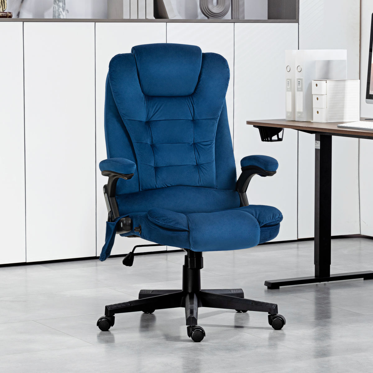 6 Point Executive Office Chair with Heat, Velvet High Back Vibrating Massage Office Chair, Drak Blue