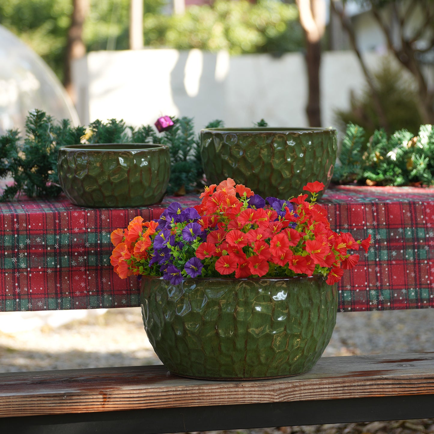 3-piece Handmade Glazed Ceramic Planter Set   38.1 30.5 25.4 Cm , Green, Hammer-patterned, Ideal For Bamboo Fig Tree, Indoor Outdoor, Breathable Earthenware With Drain Holes