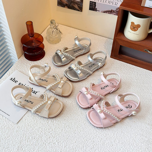 2026 Summer New Girls' Korean-Style Princess Sandals, Little Girls' Bow & Pearl Soft-Slip Non-Slip Beach Shoes