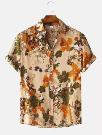 Retro-printed Short-sleeve Lapel-button Fashion Casual Jacket Shirt