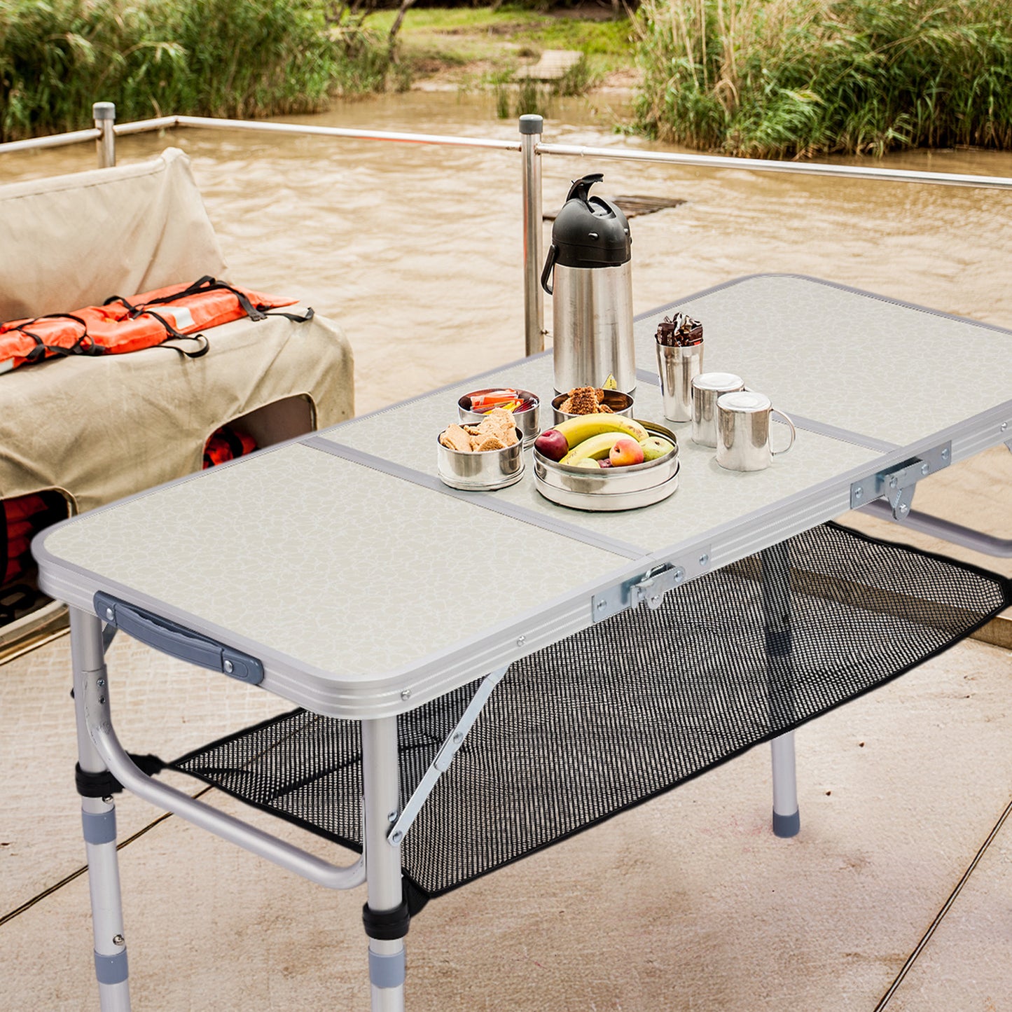 3ft Portable Adjustable Height Aluminum Folding Camping Table With Mesh Storage Shelf, Outdoor Picnic Beach BBQ Side Desk