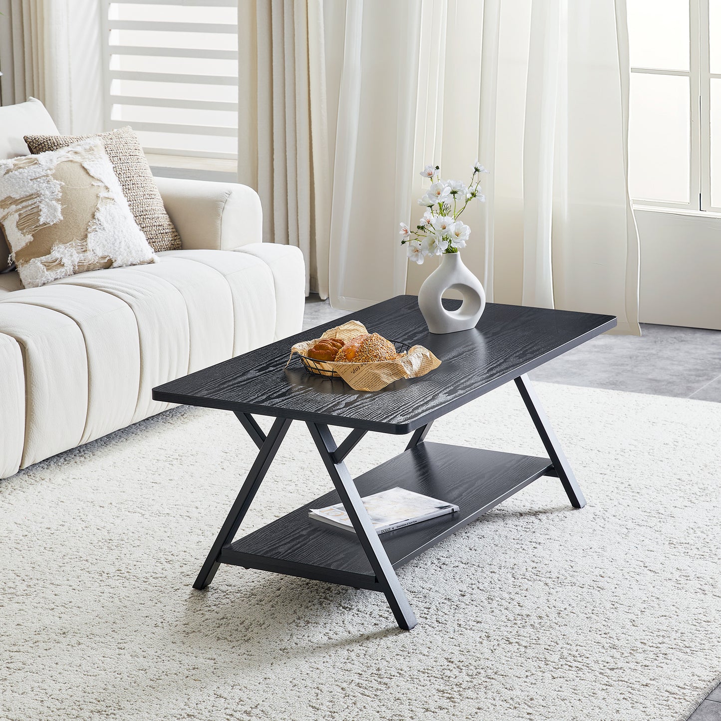 Modern Industrial Coffee Table With Storage Shelf, Black Wood Grain And Metal Frame, 110x57x44.5cm, Contemporary Living Room Table For Home Office, Apartment And Small Spaces
