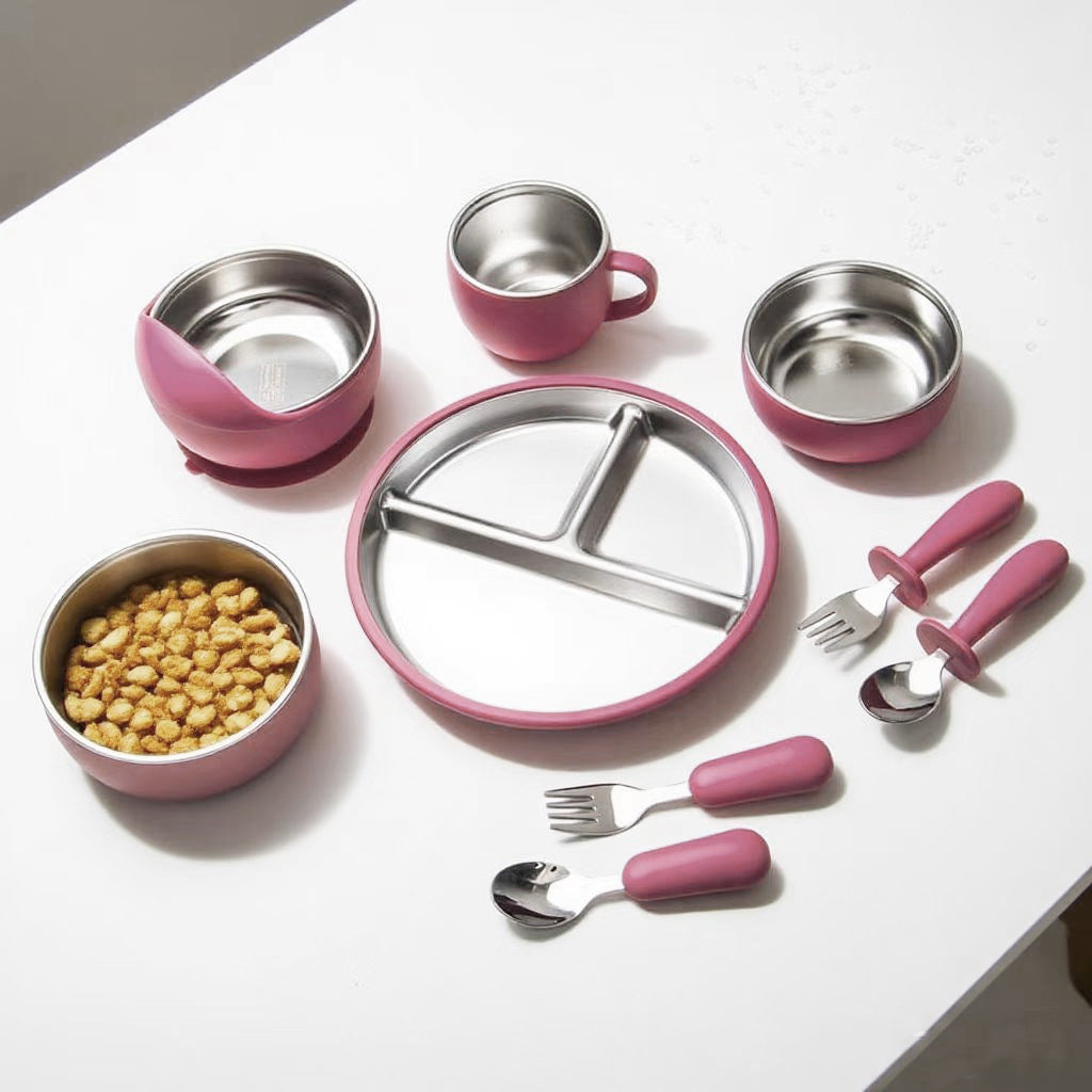 Stainless Steel Silicone Baby Feeding Set Suction-Cup Baby Solid-Food Tray Bowl Fork And Spoon Dinnerware