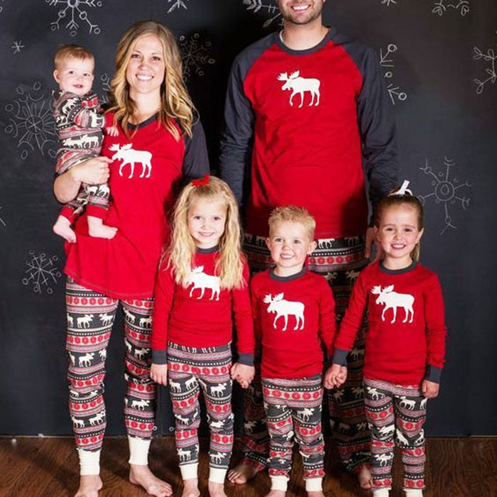 Matching Family Christmas Pajamas – Red Moose Top with Fair Isle Pants (Dad, Mom, Kids & Baby)
